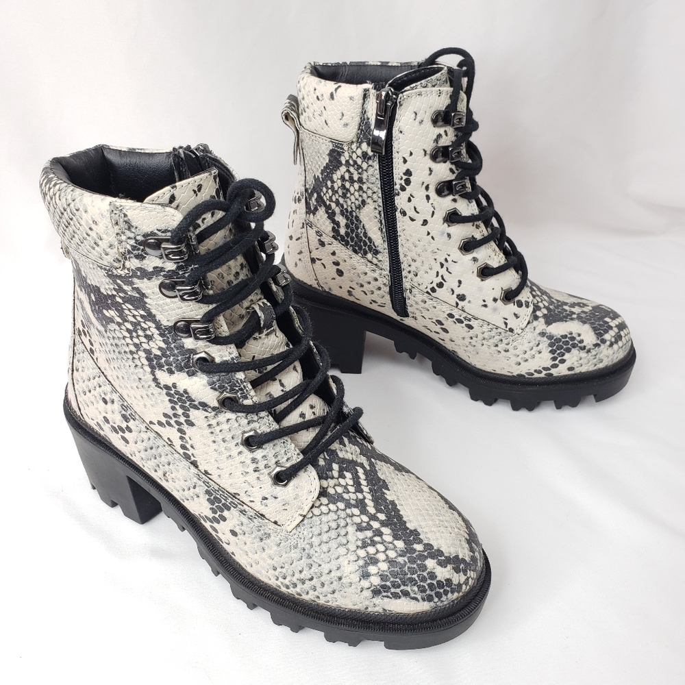 Madden Girl Gray, Black & Cream Snake Print Combat Boots